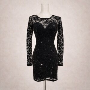 Y2K Black Lace Sequin Open Back Mini Dress XS Semi Formal Homecoming Party